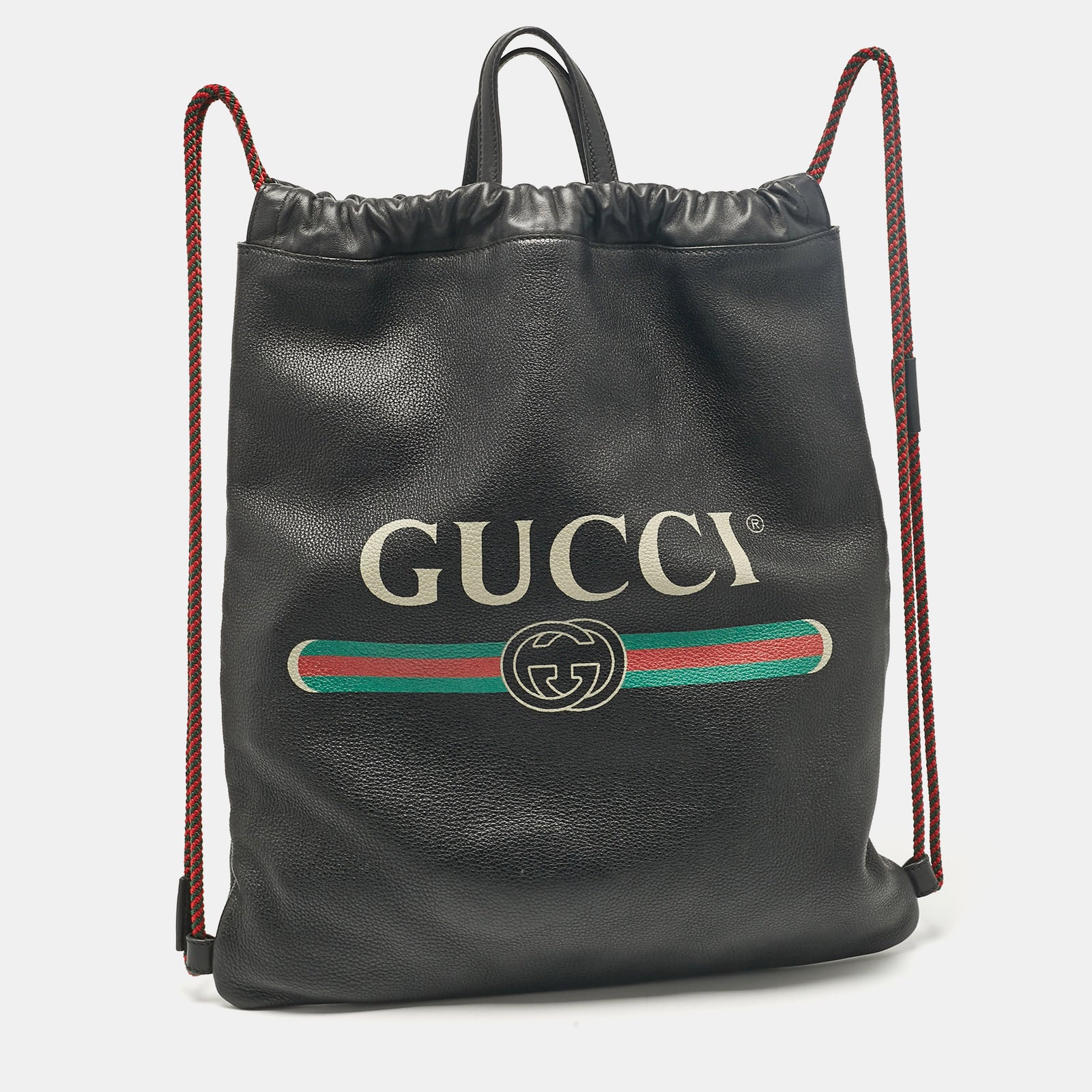 Gucci Schwarzer Lederrucksack mit Kordelzug und Logo