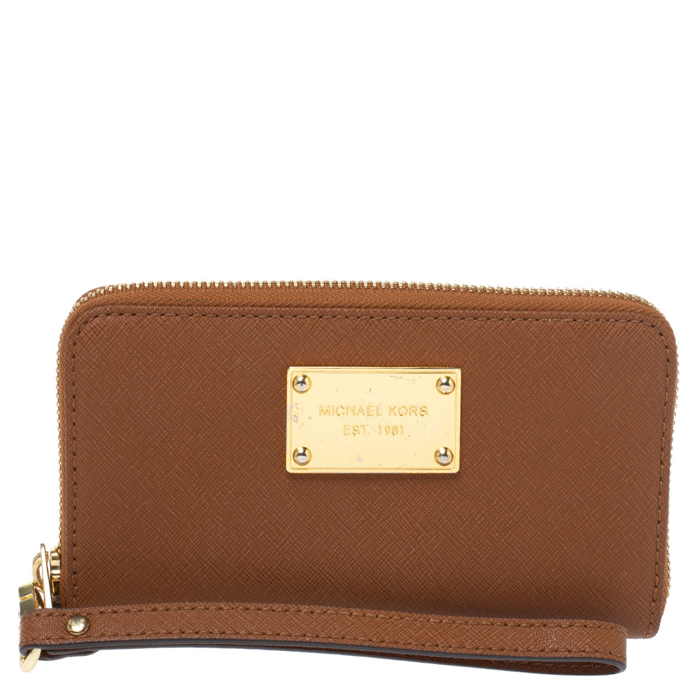 Michael Kors Brown Leather Jet Set Zip Around Wristlet Wallet