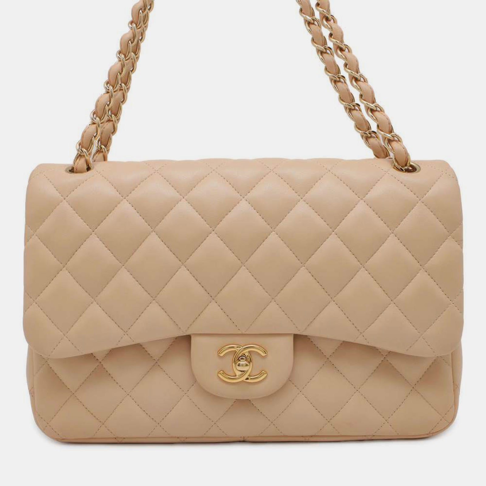 Chanel Beigefarbene klassische Jumbo-Schultertasche aus Leder mit Doppelklappe