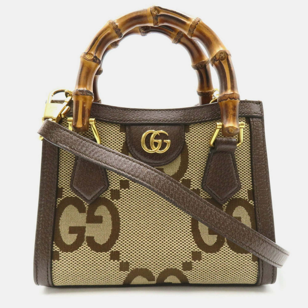 Gucci Beige Brown Canvas Leather Jumbo GG bamboo Handle Bag