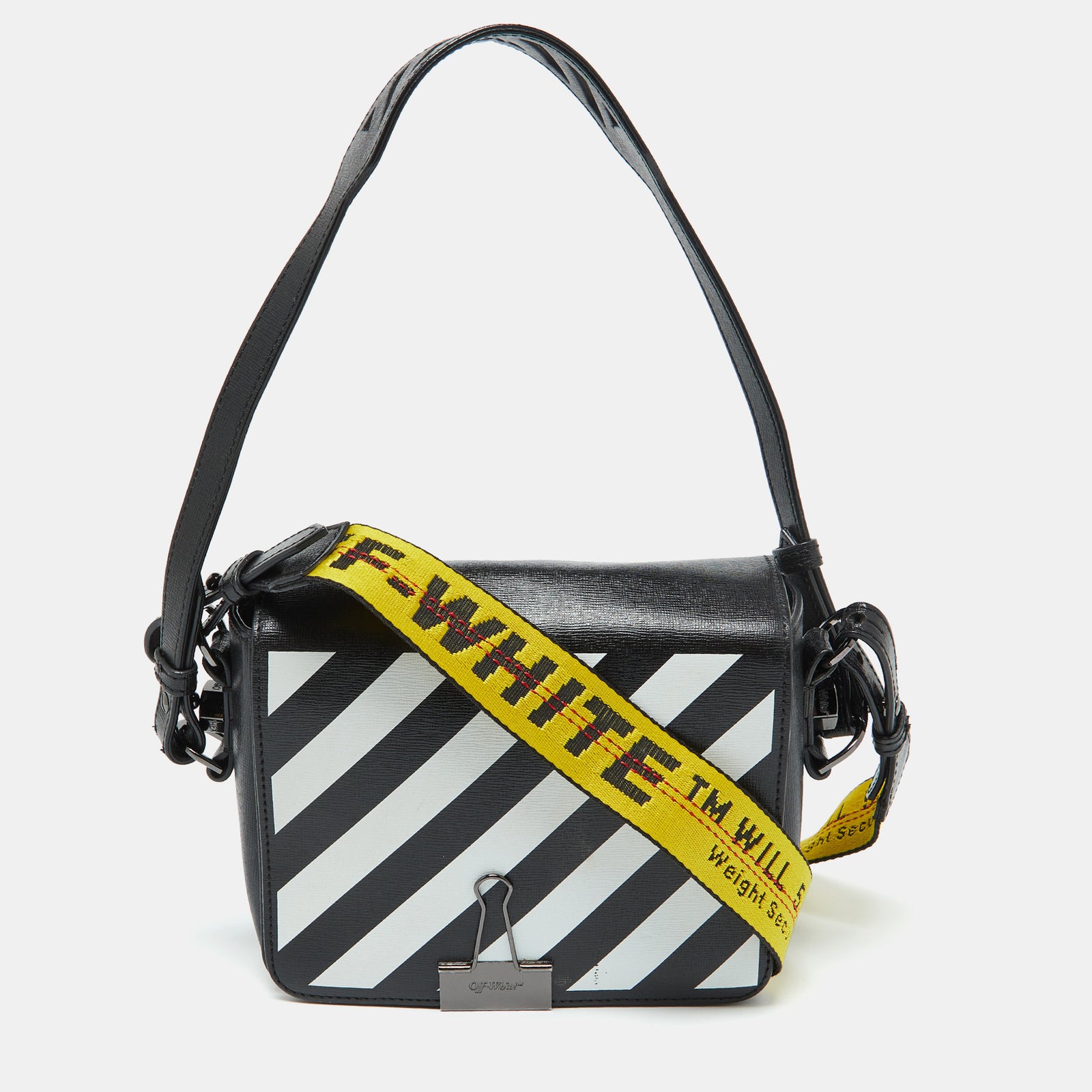 Off-White Schwarz/weiße Umhängetasche aus Leder mit Binderclip und diagonalem Print