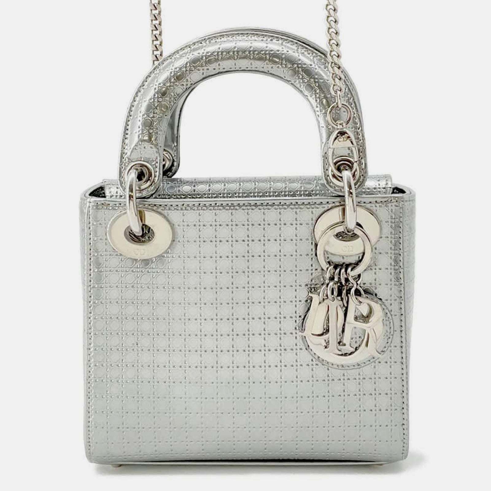 Dior Mini sac à main en cuir verni argenté avec microcannage pour femme