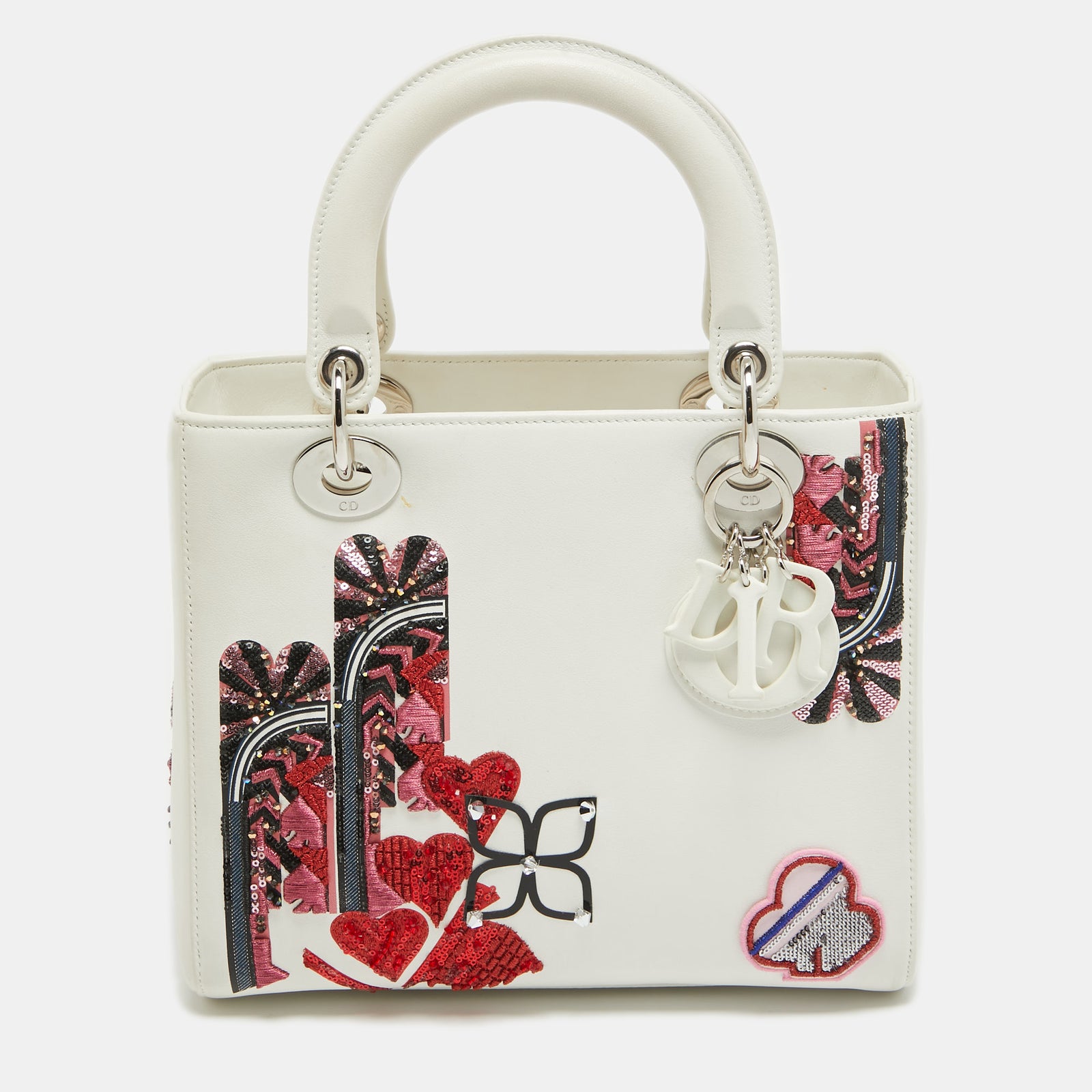 Dior White Leather Medium Sequin and Embroidered Lady Tote