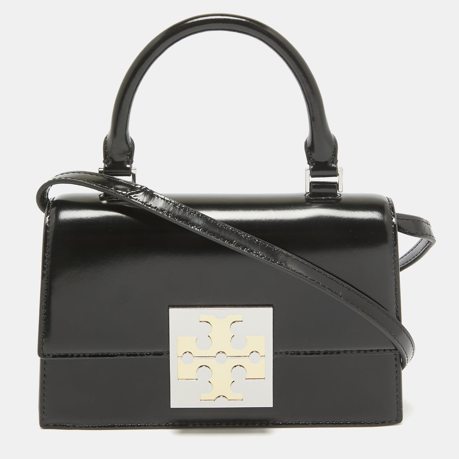 Tory Burch Schwarze Mini-Bon-Bon-Tasche aus glänzendem Leder mit Henkel