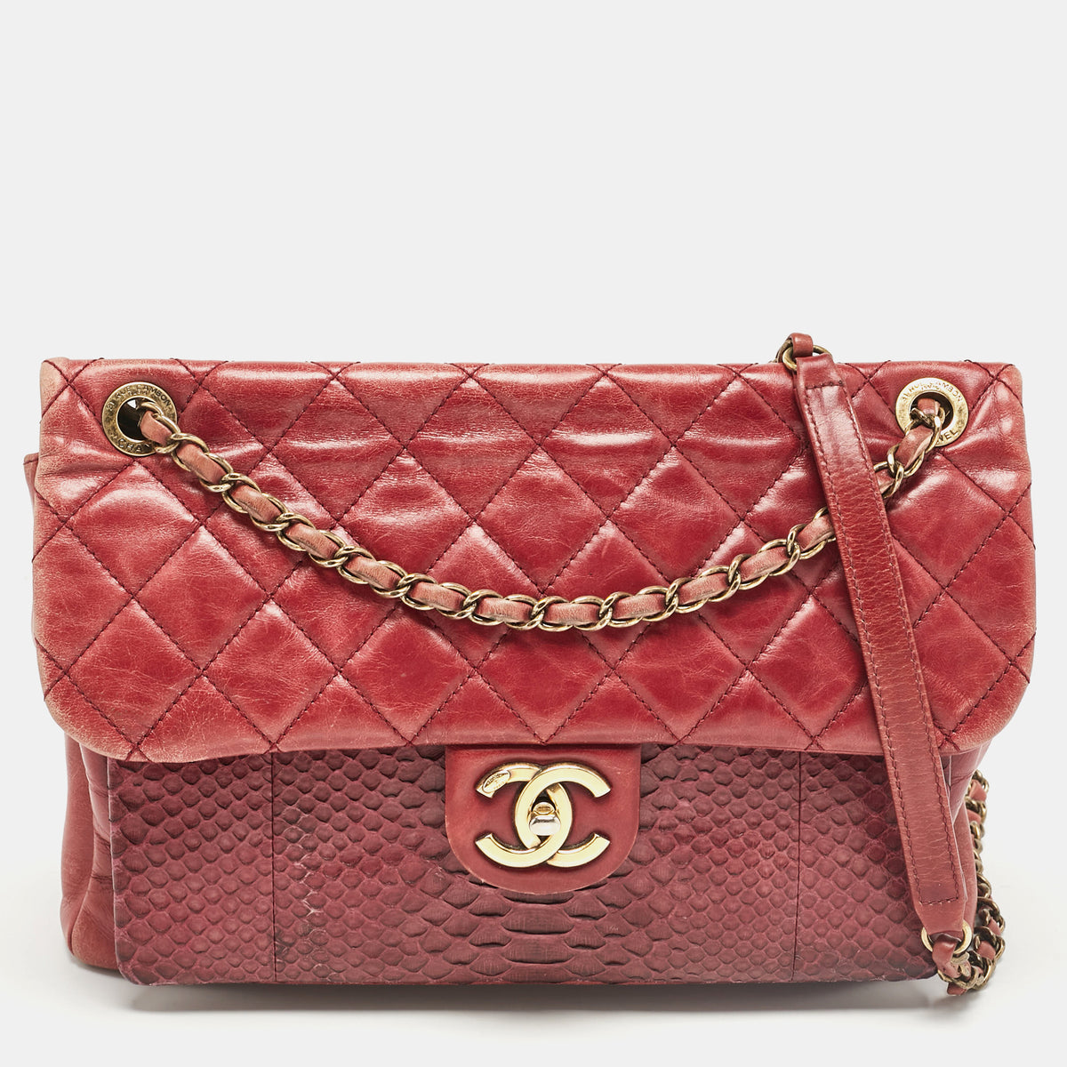 Chanel Burgundy Quilted Aged Leather and Python Large Urban Mix Flap Bag
