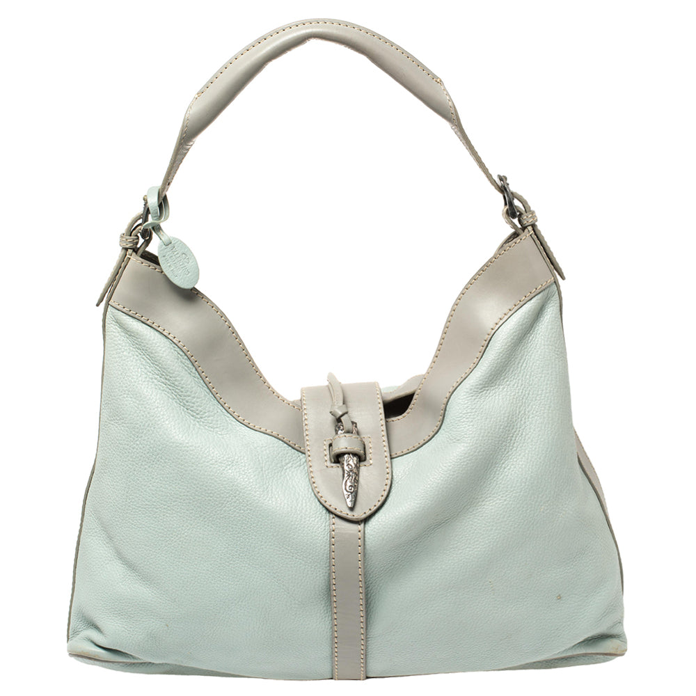 Valentino Mint Blue/Grey Grain Leather Metal Flap Hobo