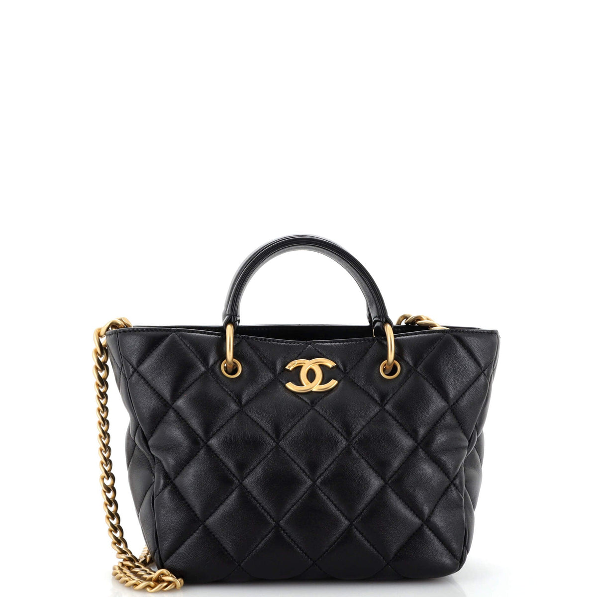 Chanel CHANEL CC Top Handle Chain Shopping Tote Quilted Lambskin Small