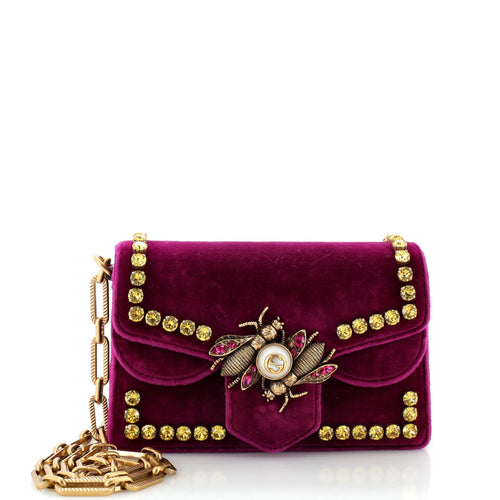GUCCI Broadway Pearly Bee Shoulder Bag Crystal Embellished Velvet Mini