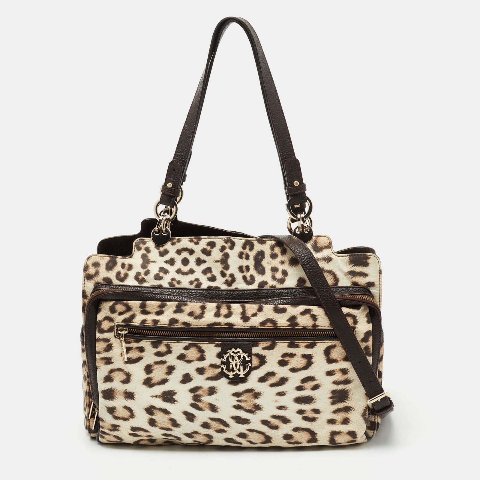 Roberto Cavalli Brown/Beige Leopard Satin and Leather Tote