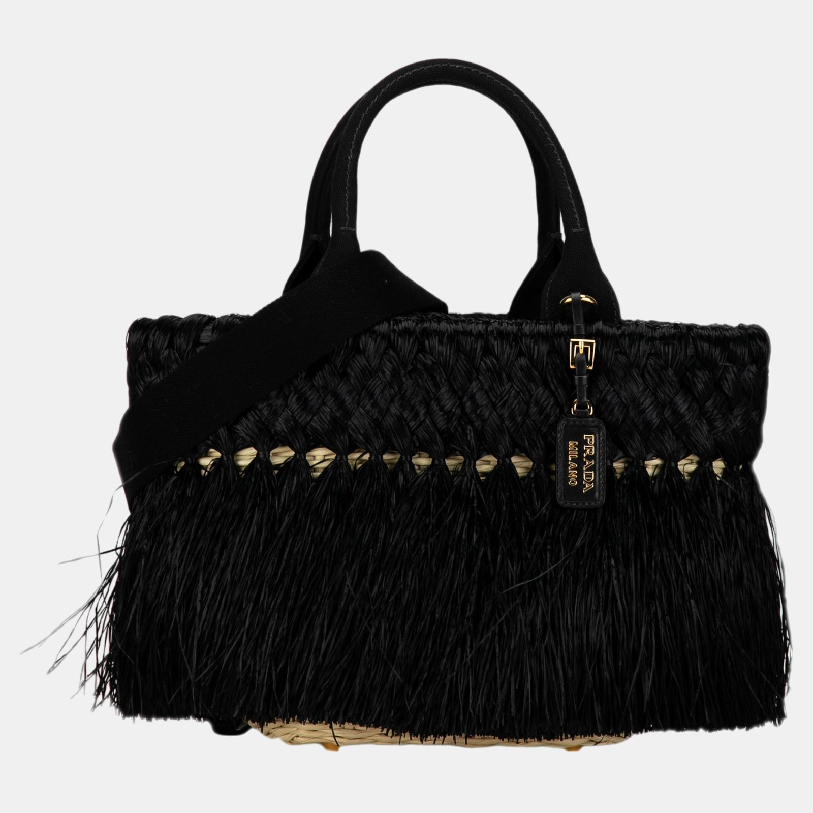 Prada Black Fringed Raffia Satchel