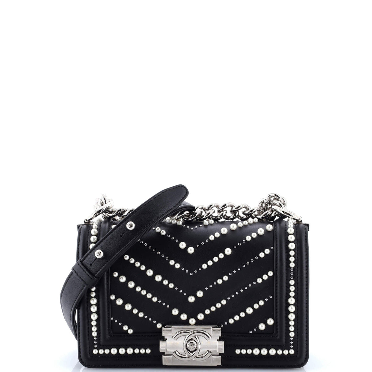 Chanel CHANEL Boy Flap Bag Pearl Embellished Chevron Calfskin Small