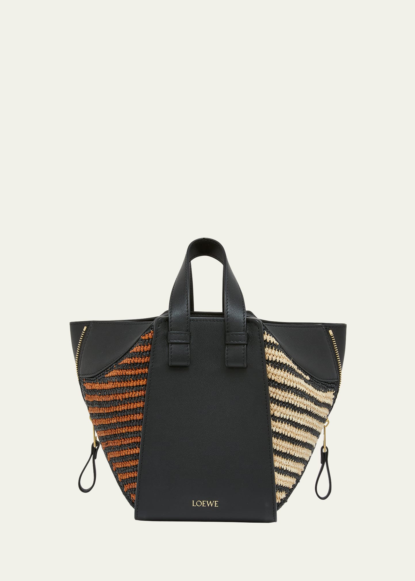 Loewe x Paula's Ibiza Hammock Compact Top-Handle Bag in Striped Raffia with Leather Handles