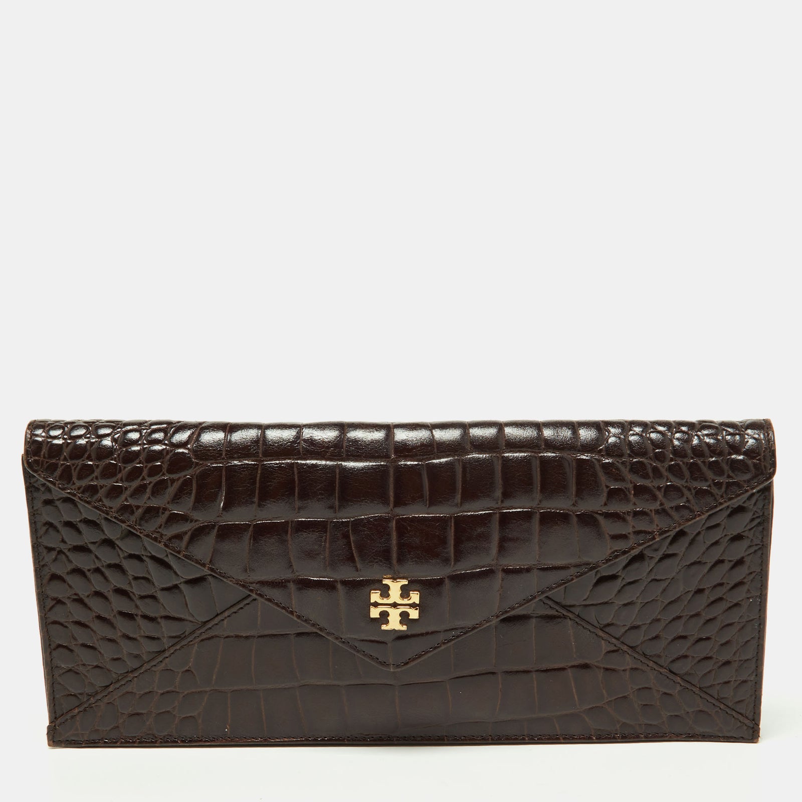 Tory Burch Brown Croc Embossed Envelope Clutch