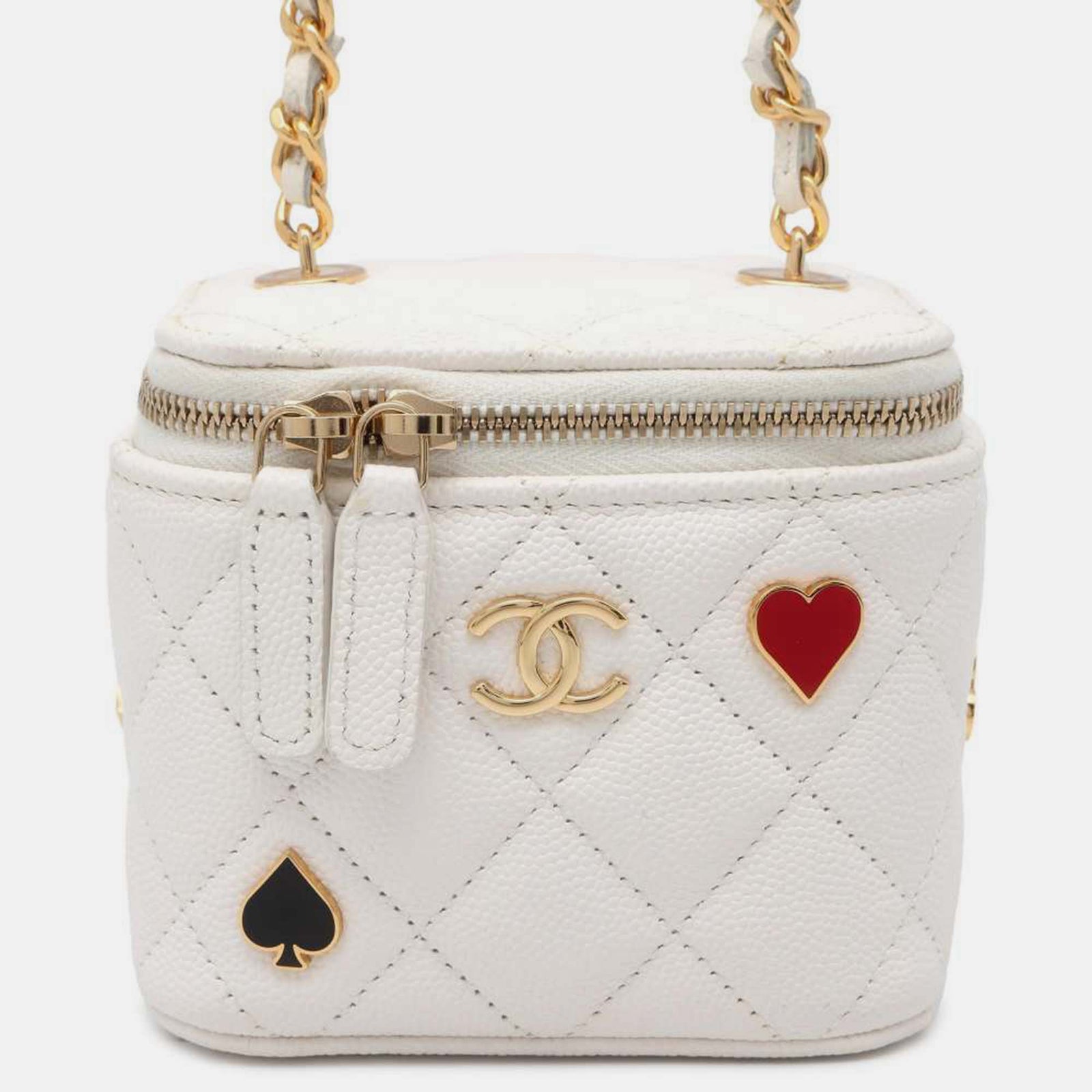 Chanel White Pin Embellished Quilted Caviar Mini Classic Vanity Case with Chain