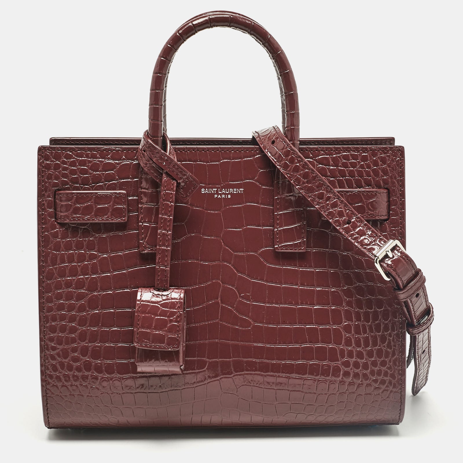 Saint Laurent Paris Saint Laurent Burgundy Croc Embossed Leather Nano Classic Sac De Jour Tote