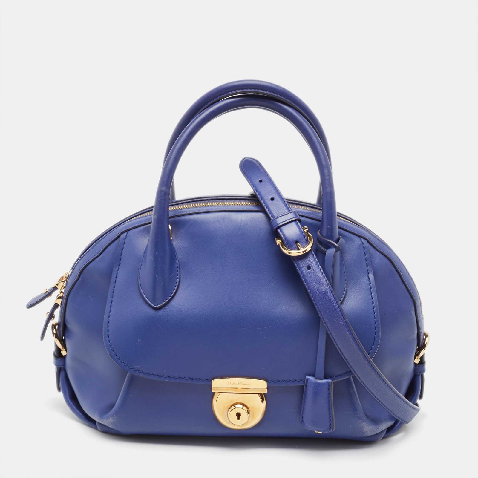 Salvatore Ferragamo Navy Blue Leather Fiamma Satchel