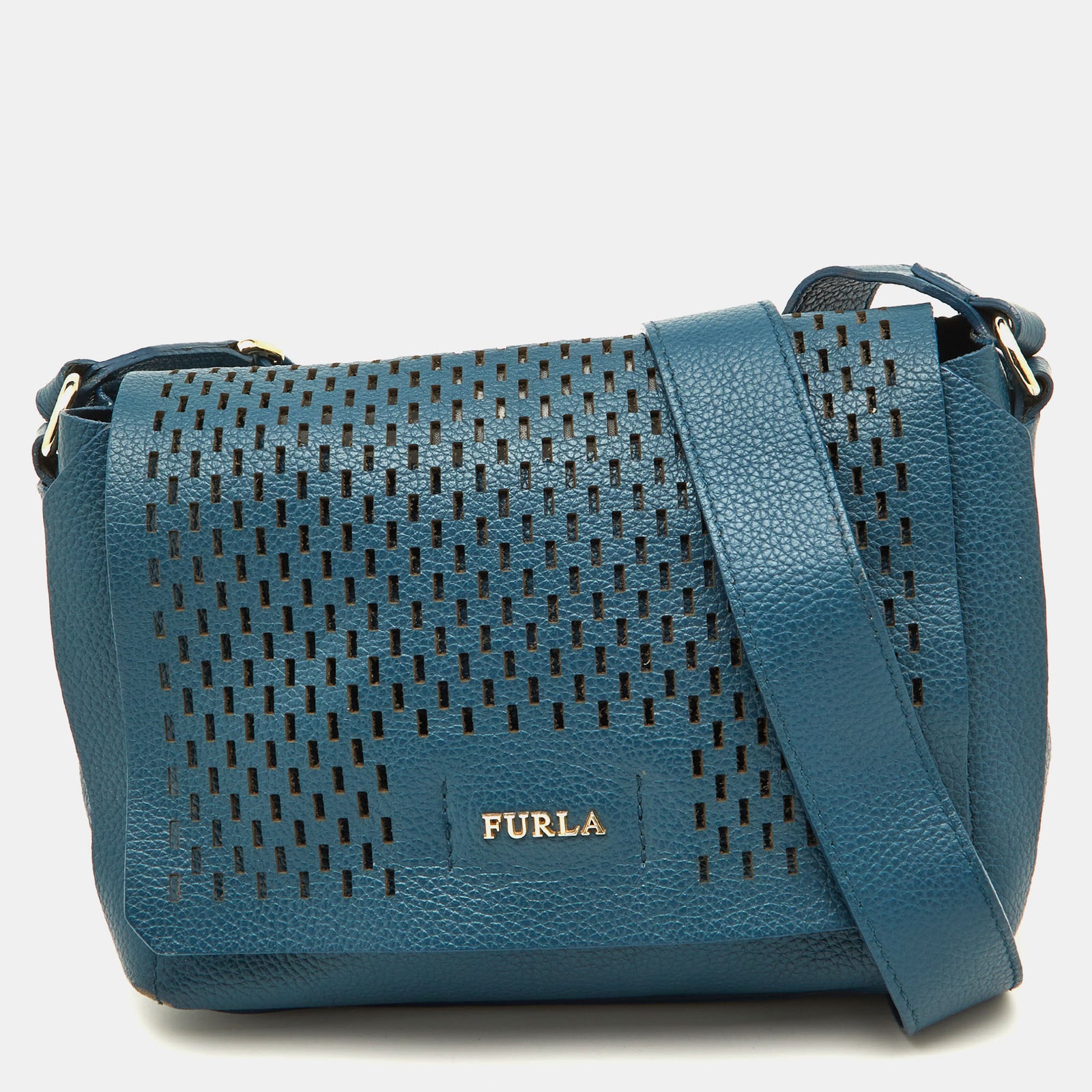 Furla Blue Cut Out Leather Flap Crossbody Bag