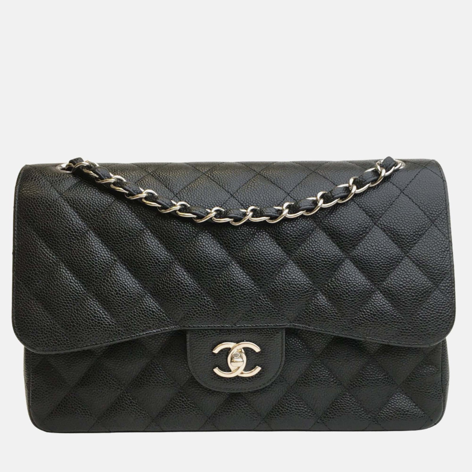 Chanel Black Caviar Leather Jumbo Classic Double Flap Shoulder Bag