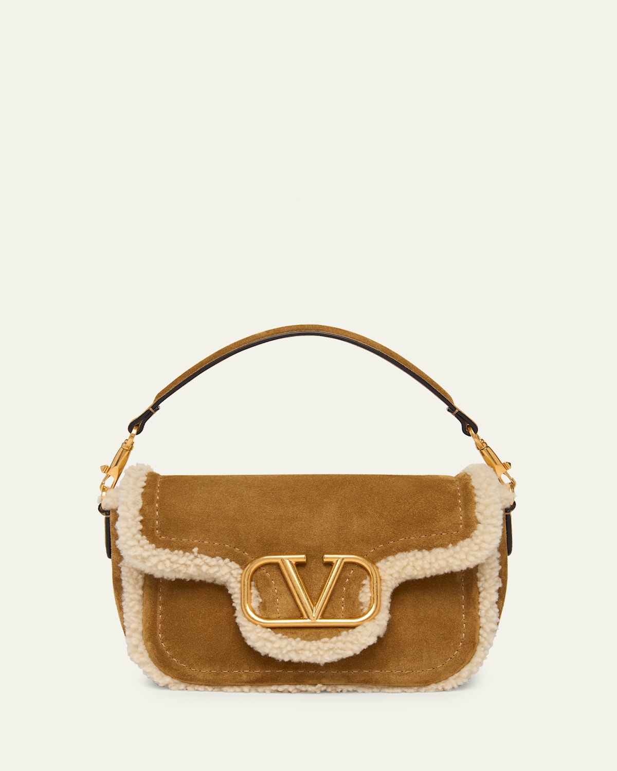 Valentino VLogo Shearling & Suede Top-Handle Bag
