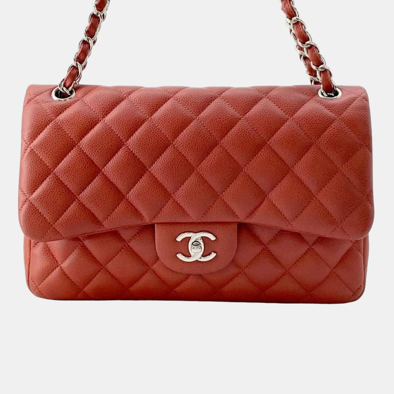 Chanel Rote, klassische Jumbo-Schultertasche aus Kaviarleder mit Doppelklappe