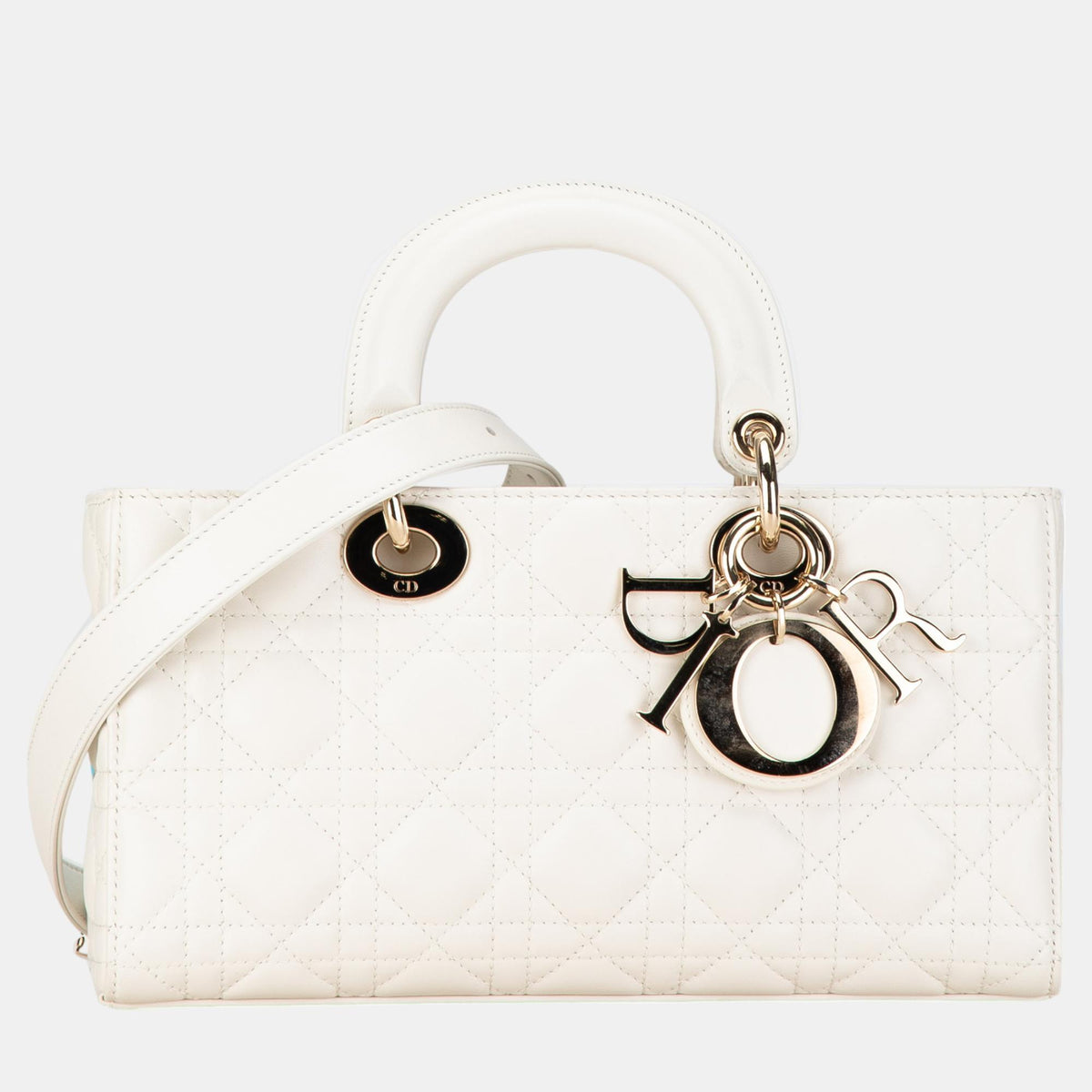 Dior White Lambskin Leather Medium Cannage Lady D-Joy Top Handle Bag