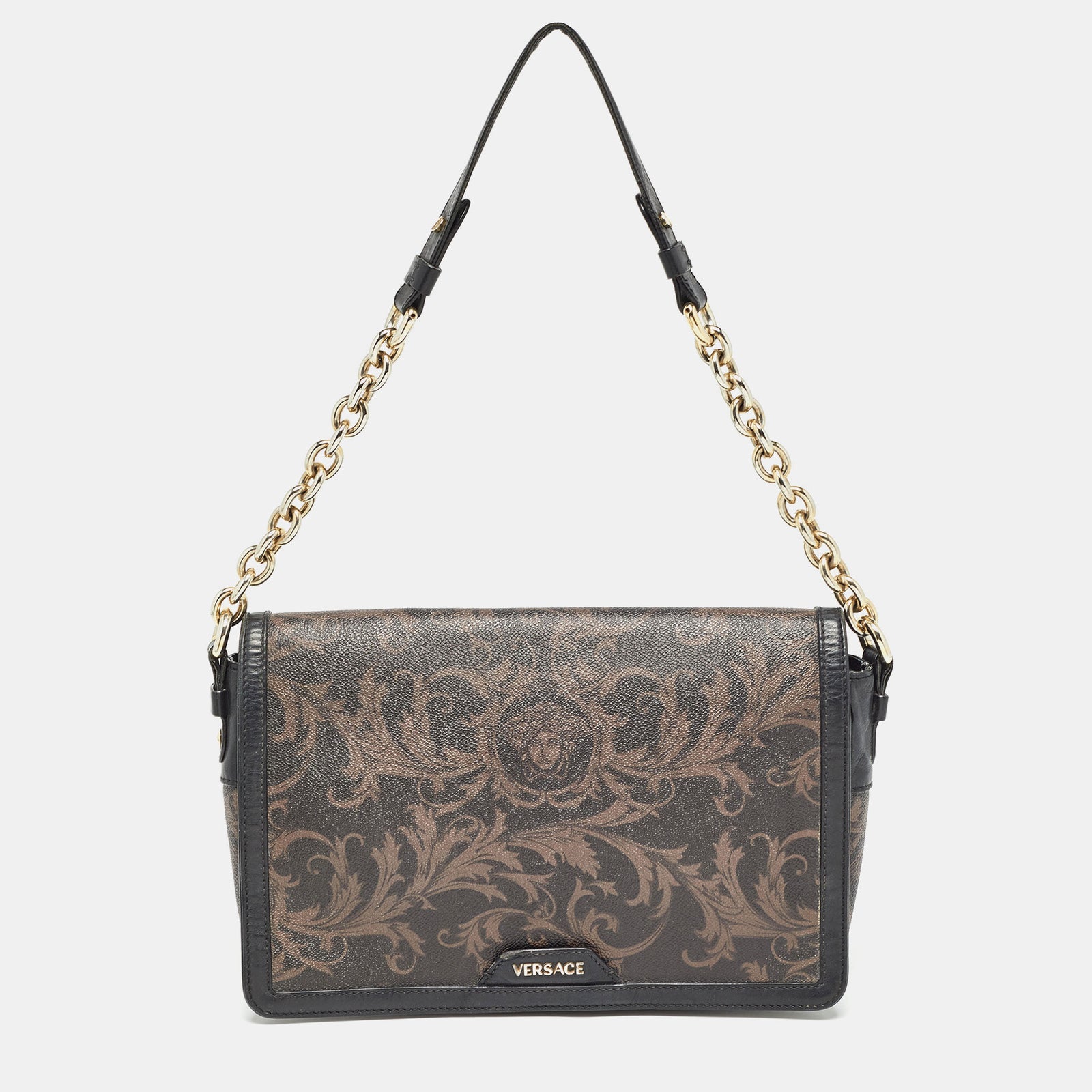 Versace Black/Brown Baroque Print Coated Canvas and Leather Flap Chain Bag