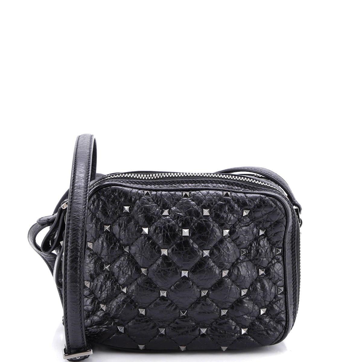Valentino VALENTINO GARAVANI Rockstud Double Zip Camera Bag Quilted Crackled Leather