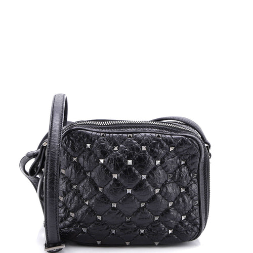 VALENTINO GARAVANI Rockstud Double Zip Camera Bag Quilted Crackled Leather