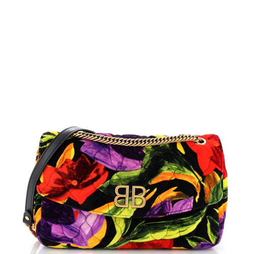 BB Chain Round Shoulder Bag Quilted Printed Velvet Medium