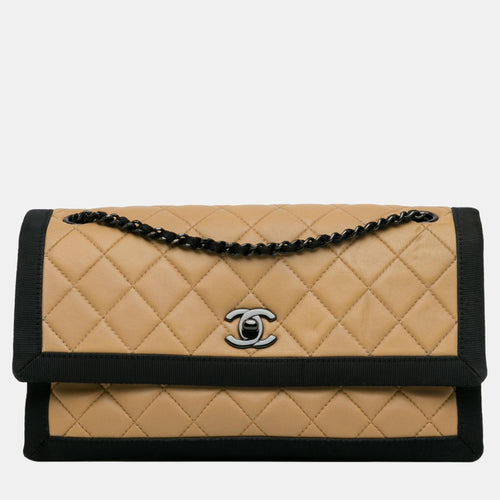 Brown/Beige Medium Quilted Lambskin Grosgrain Two Tone Flap
