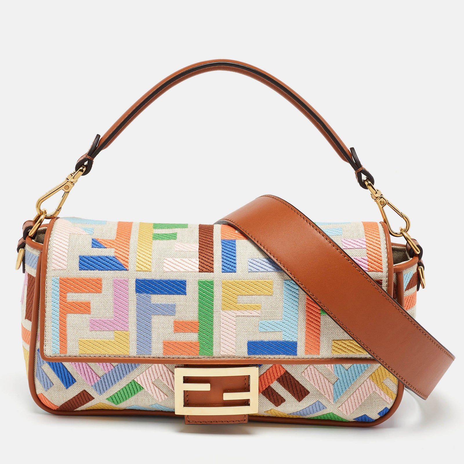 Fendi Multicolor Canvas and Leather FF Embroidered Baguette Crossbody Bag