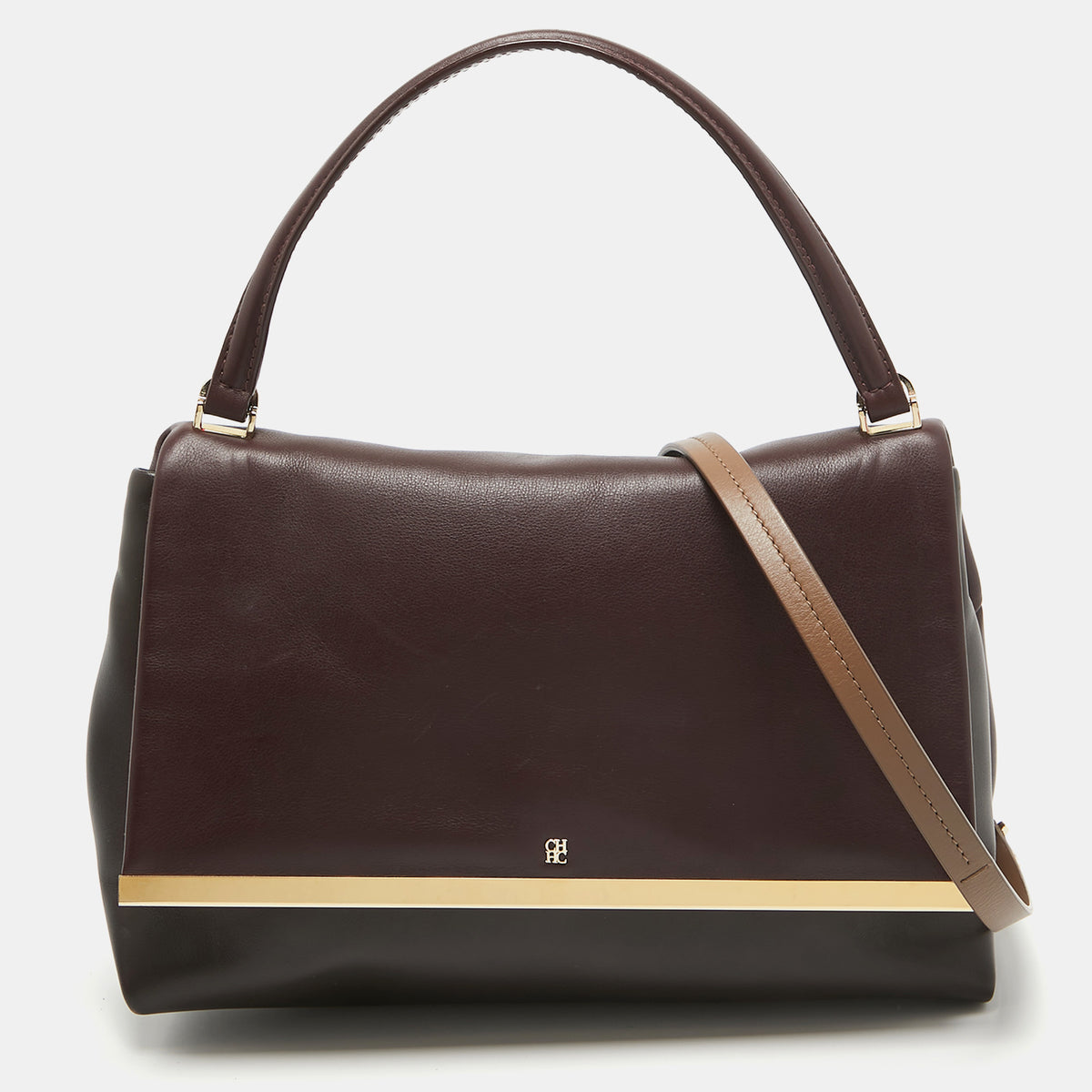 Carolina Herrera Burgundy/Brown Leather Camelot Top Handle Bag
