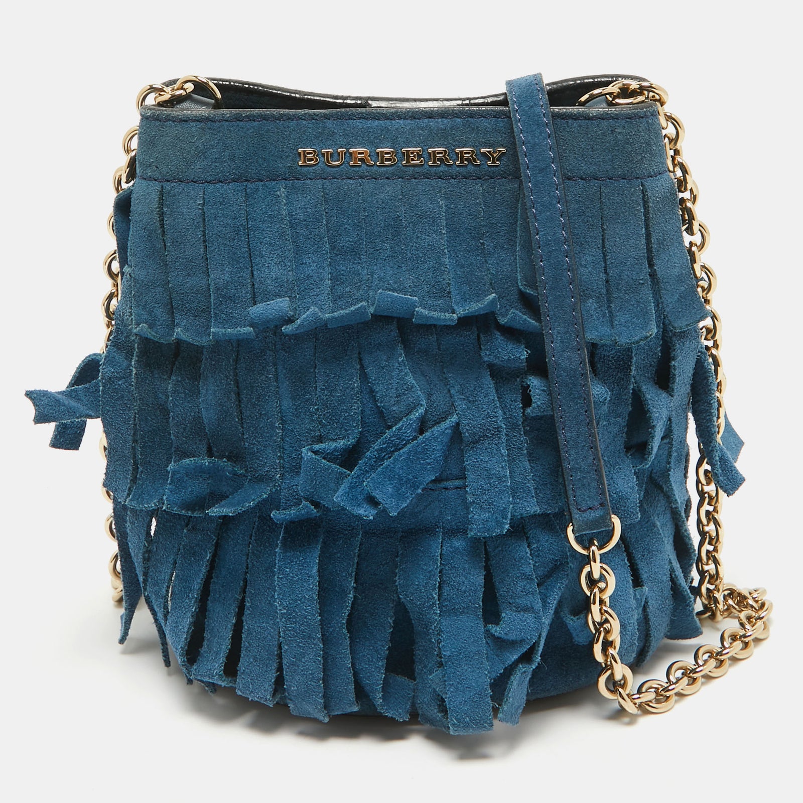 Burberry Mini sac seau à franges en daim bleu