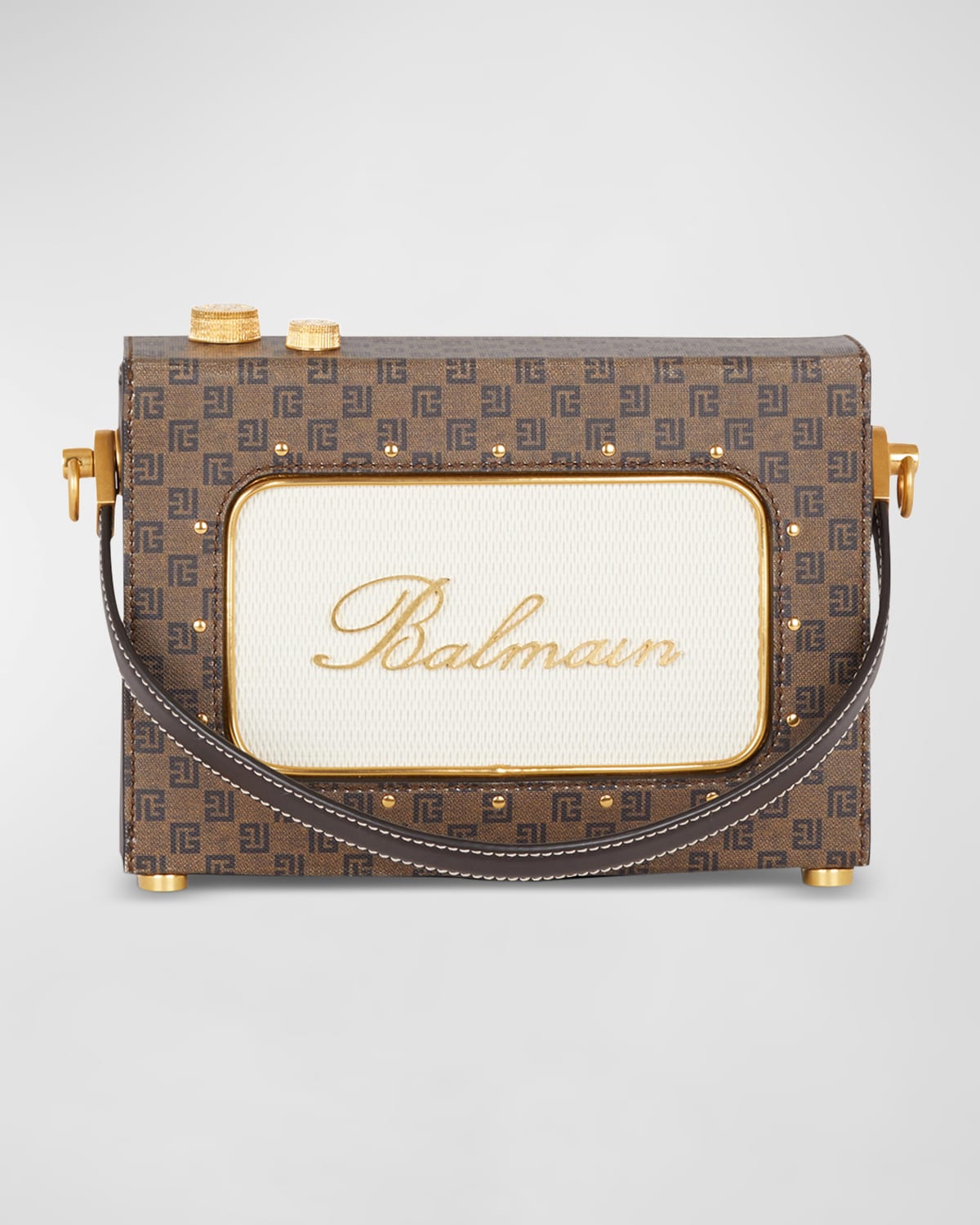 Balmain Radio Monogram Crossbody Bag in Waxed Canvas and Leather