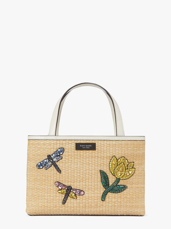 Kate Spade Au Sam Icon Dragonfly Embellished Straw Small Tote