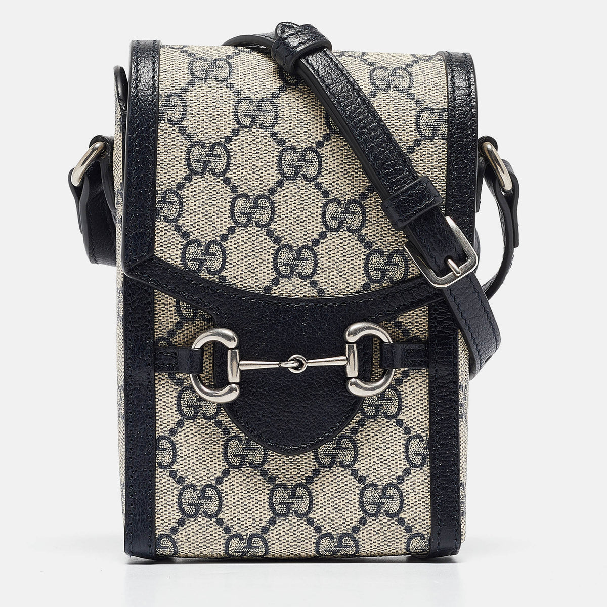 Gucci Beige/Navy Blue GG Supreme Canvas and Leather Mini Horsebit 1955 Crossbody Bag