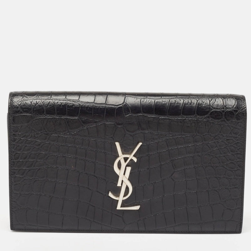 Saint Laurent Paris Saint Laurent Black Croc Embossed Leather Monogram Kate Clutch