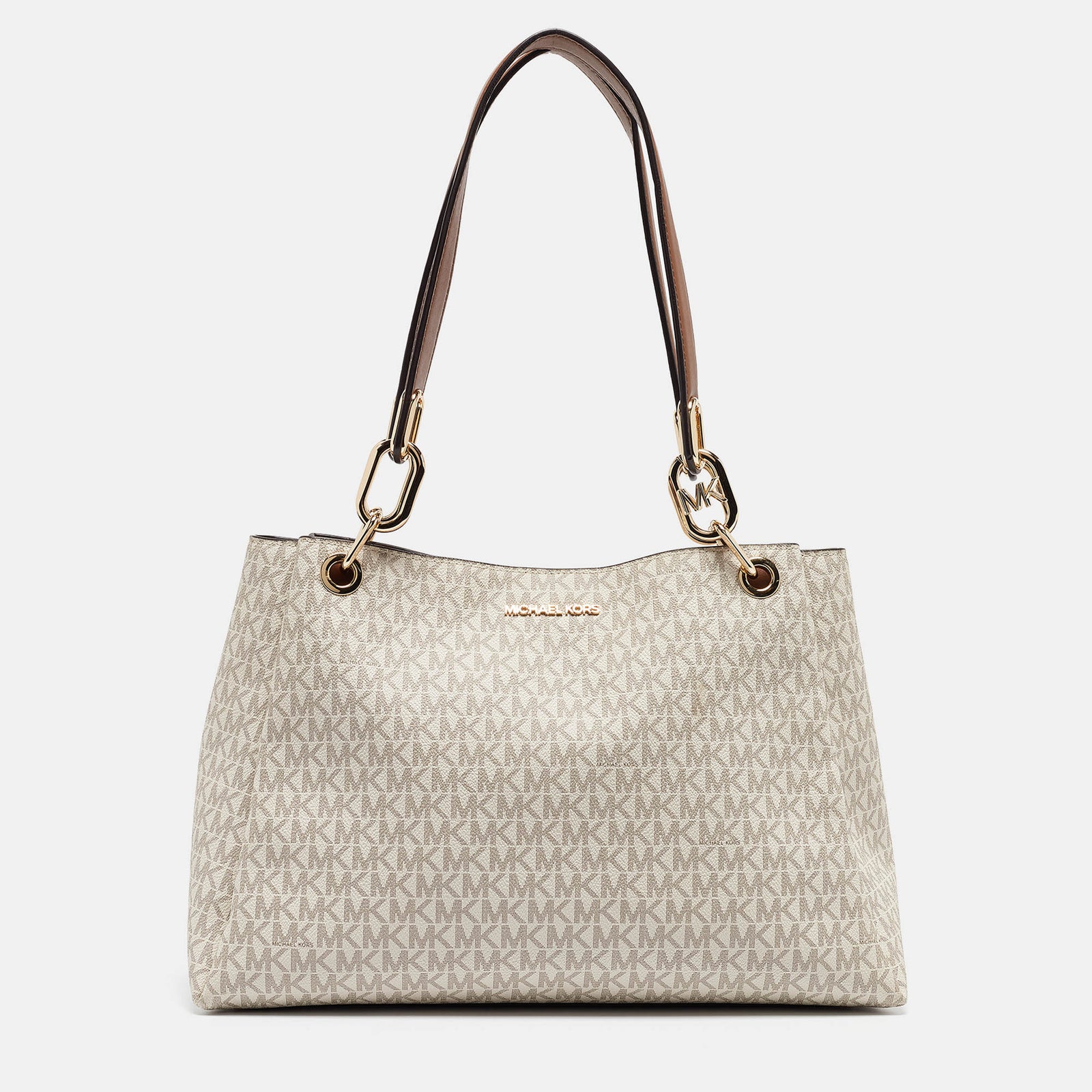 Michael Kors White/Brown Signature Coated Canvas and Leather Trisha Tote