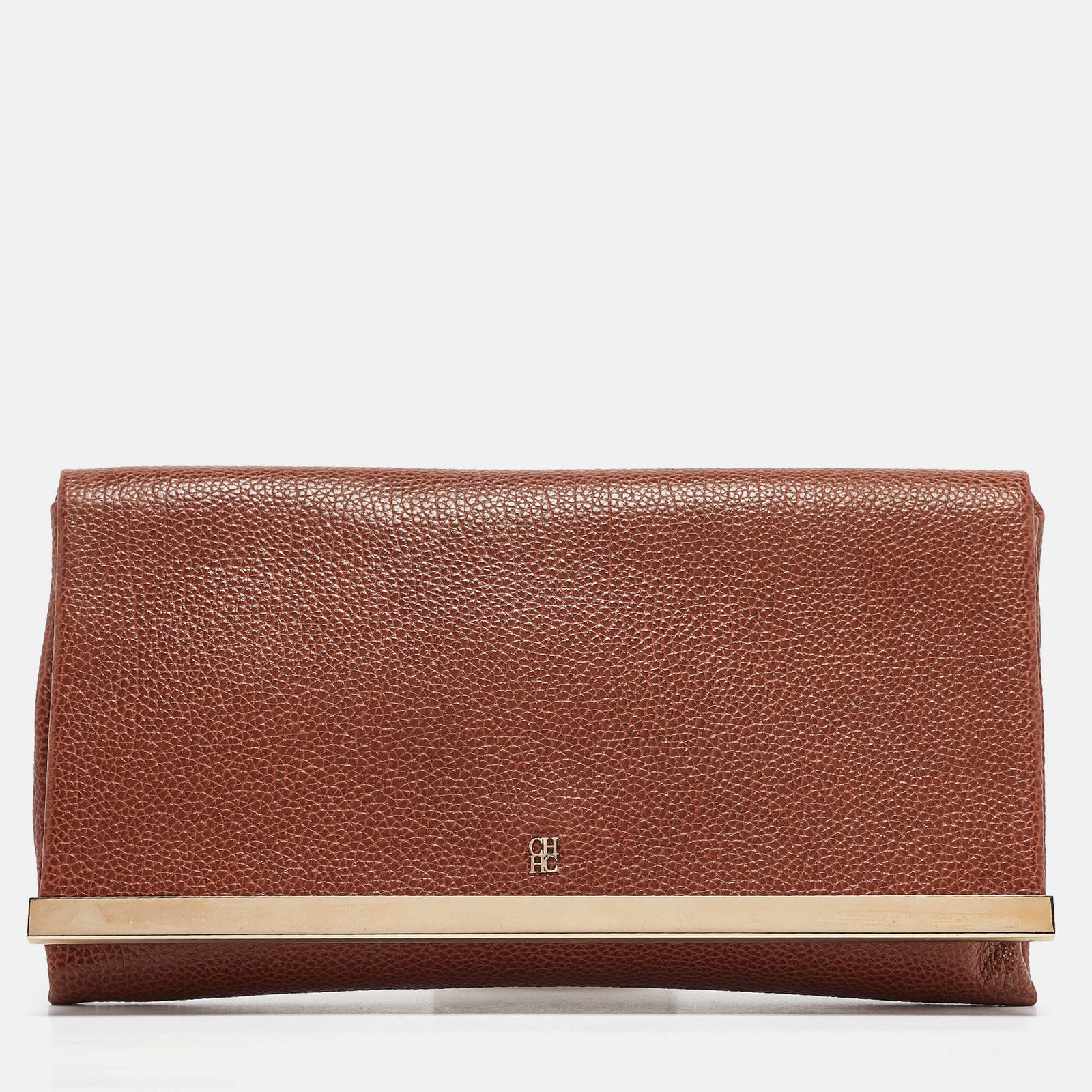 Carolina Herrera Brown Leather Metal Flap Clutch