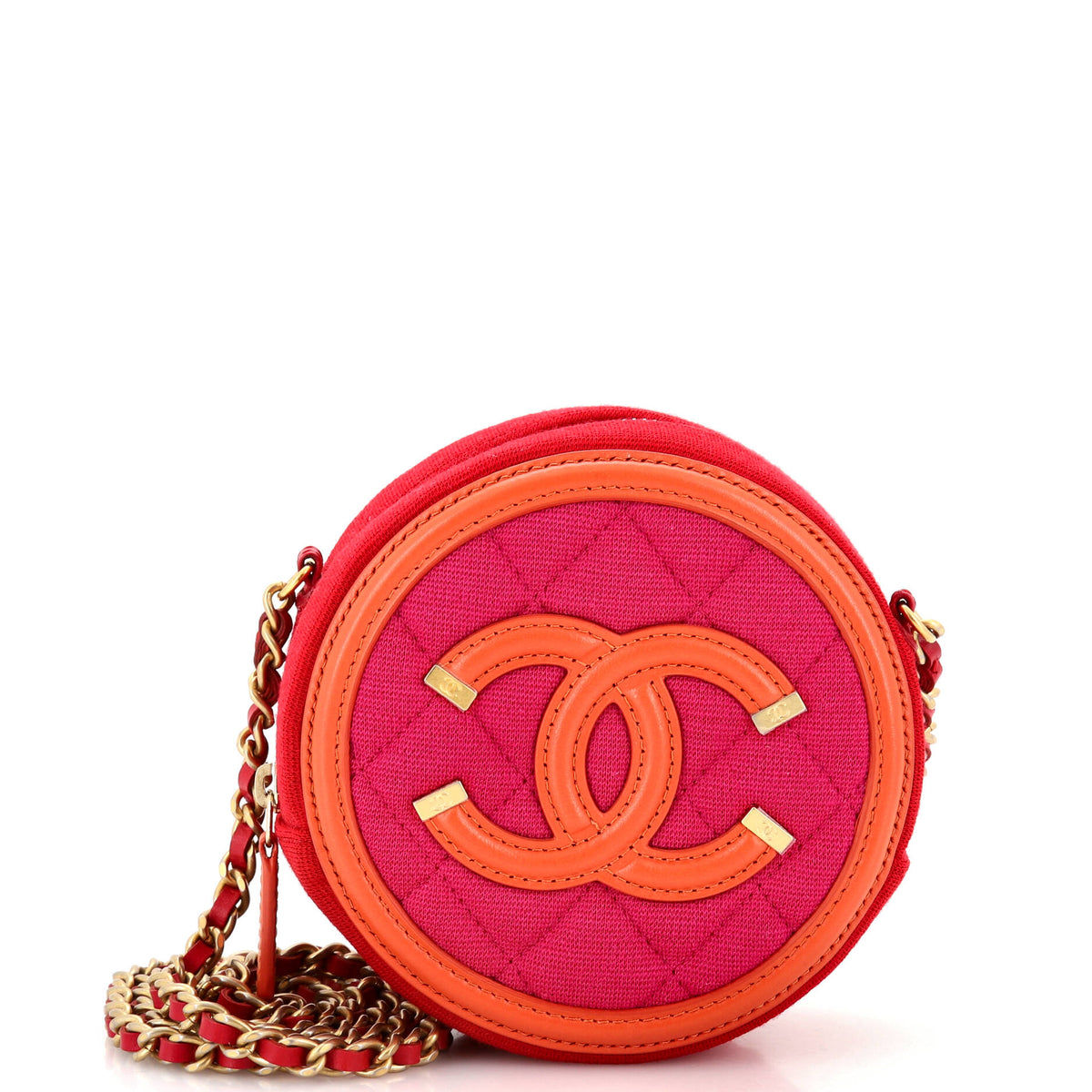 Chanel CHANEL Filigree Round Clutch with Chain Quilted Jersey with Lambskin Mini