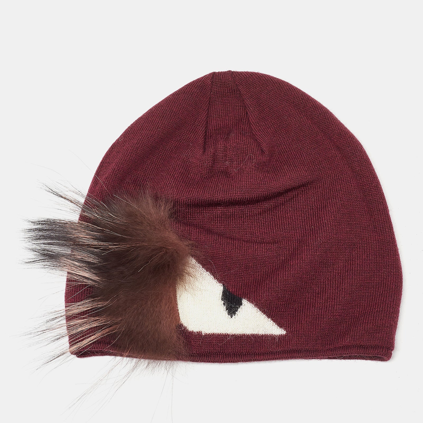 Fendi Burgundy Wool Monster Eye Fur Detail Beanie (One Size)