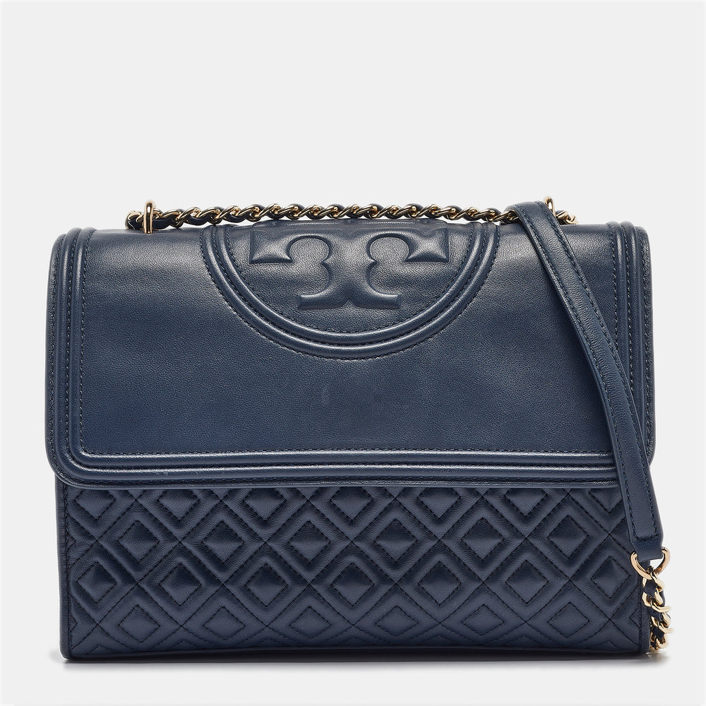 Navy Blue Quilted Leather Fleming Shoulder Bag