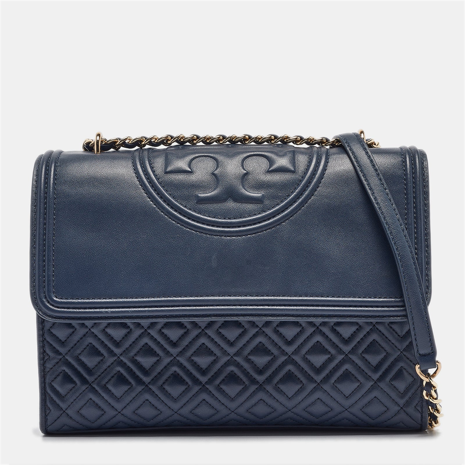 Tory Burch Navy Blue Quilted Leather Fleming Shoulder Bag