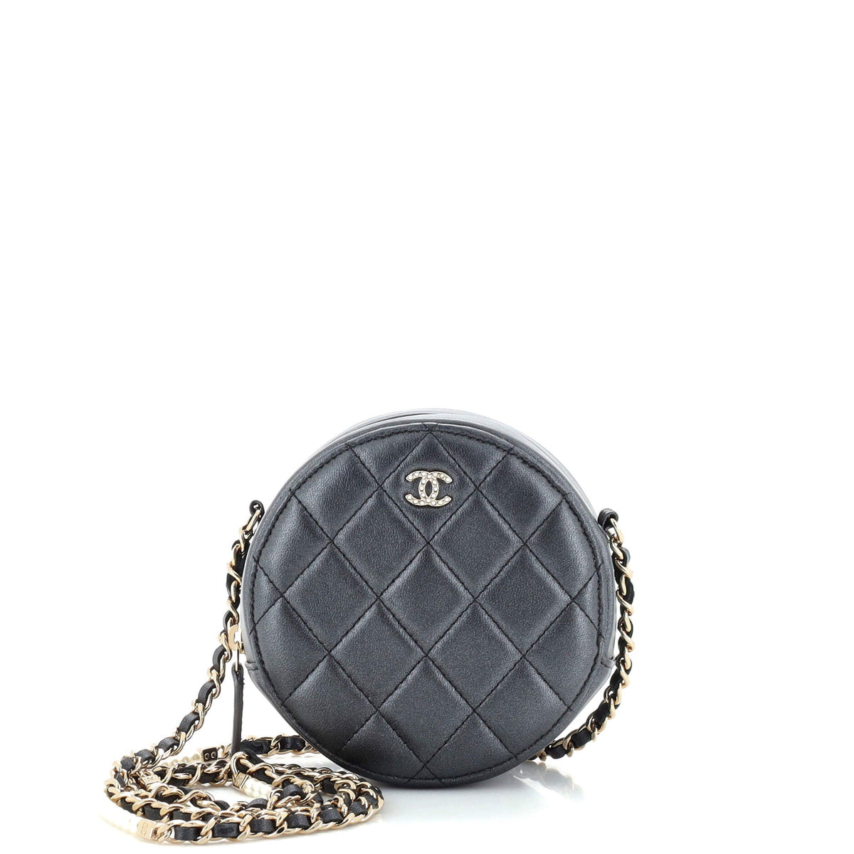 Chanel CHANEL Pearl Strap Round Clutch with Chain Quilted Iridescent Lambskin