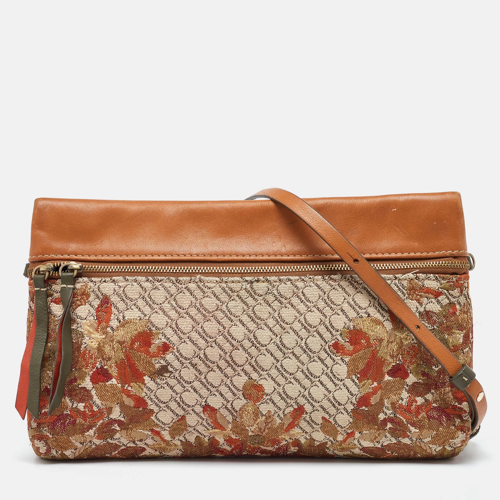 Ch Carolina Herrera Brown Signature Canvas and Leather Strap Clutch