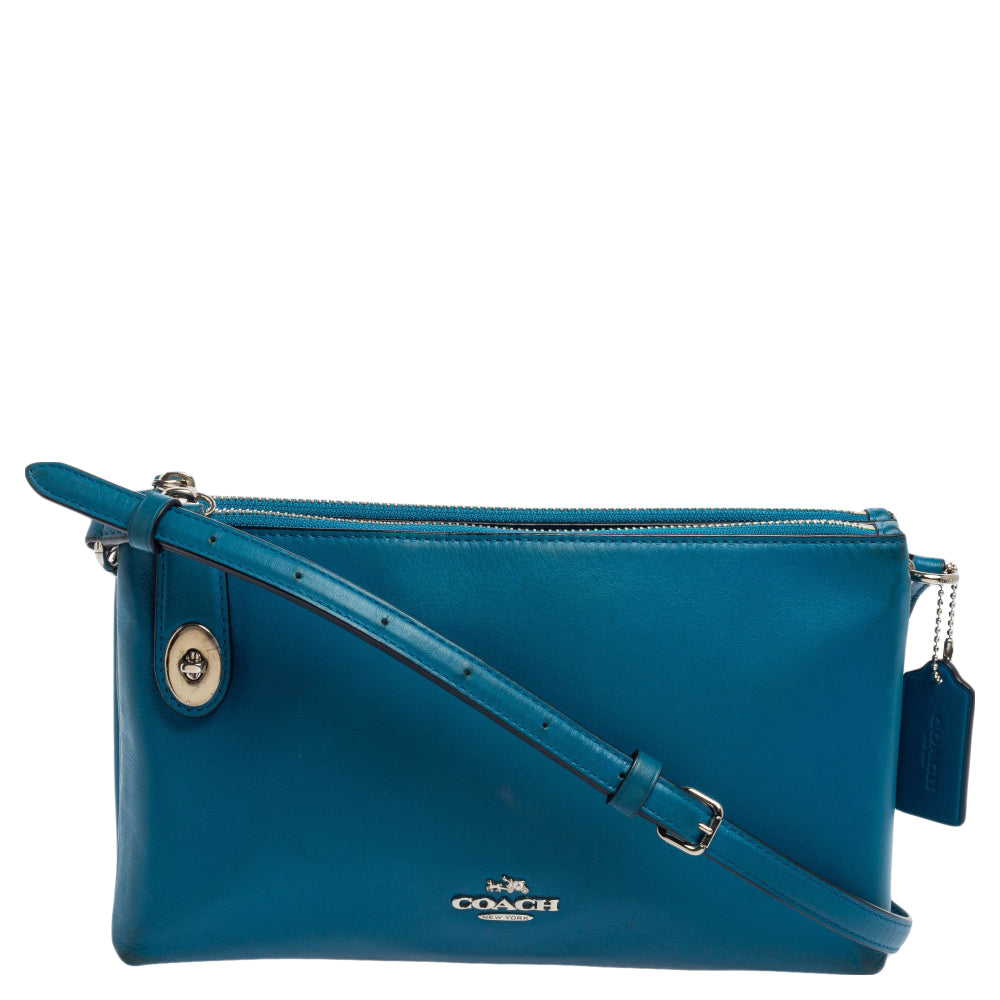 Coach Teal Blue Leather Crosby Double Zip Crossbody Bag