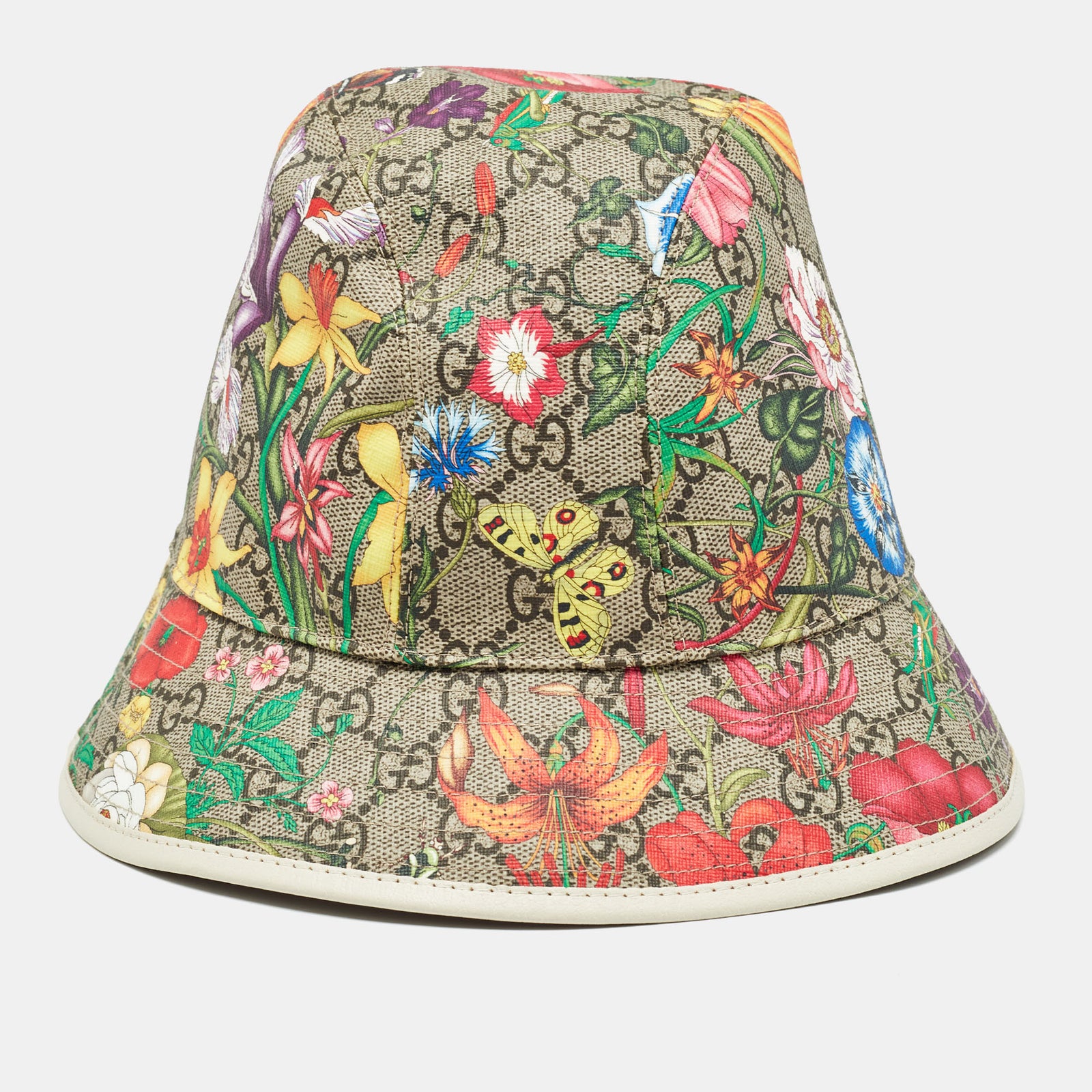 Gucci Chapeau bob multicolore en toile enduite à imprimé floral GG avec bordure en cuir L