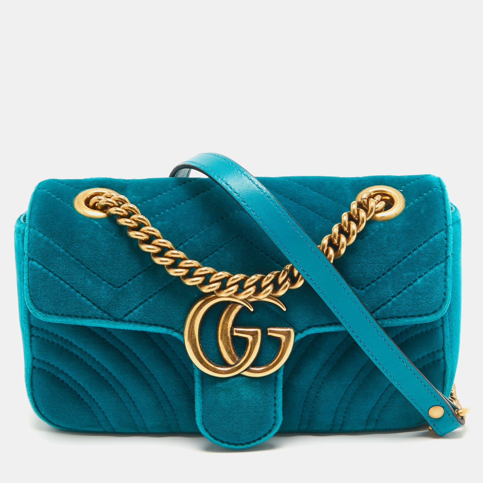 Gucci Sac à bandoulière GG Marmont en velours matelassé bleu sarcelle