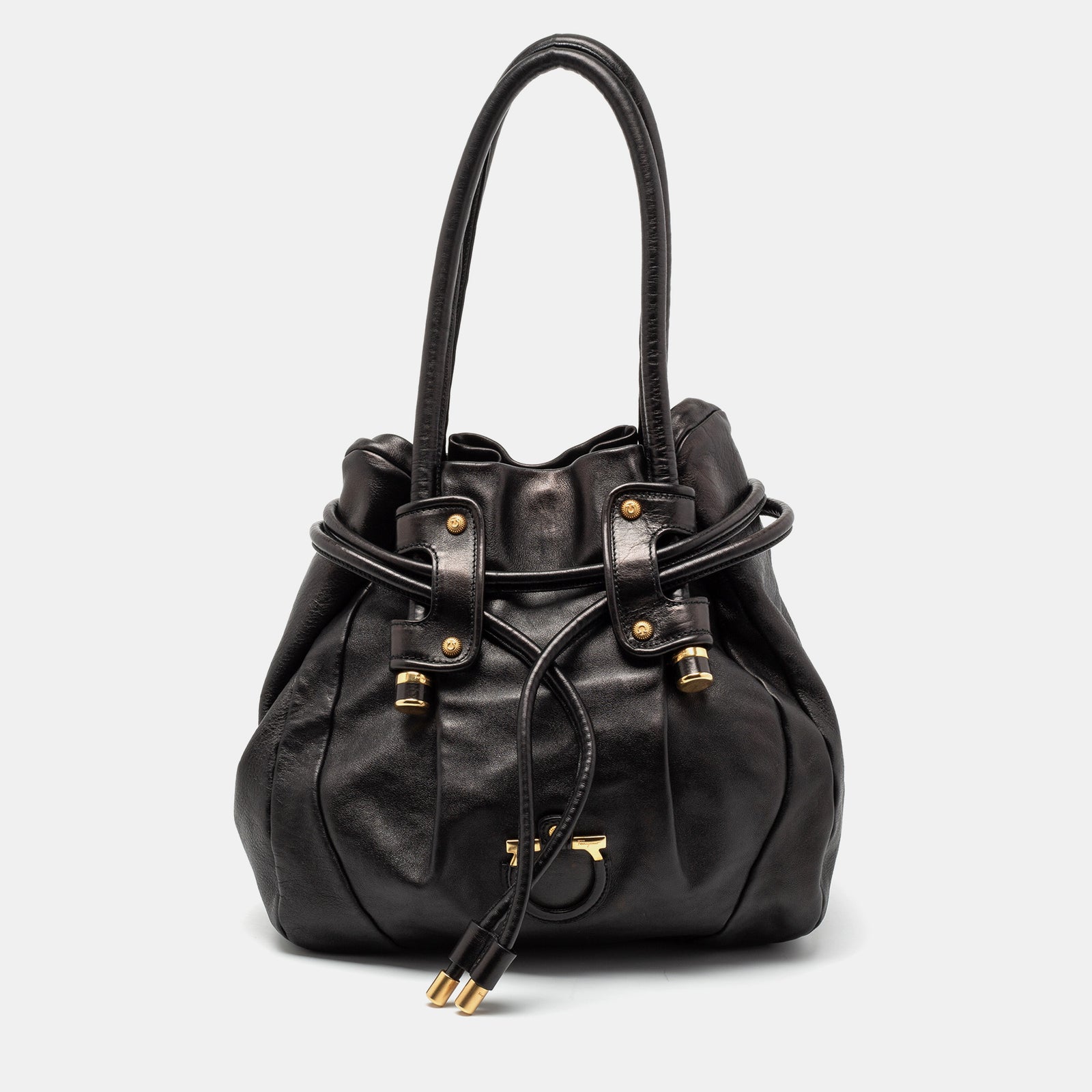 Salvatore Ferragamo Black Leather Drawstring Hobo