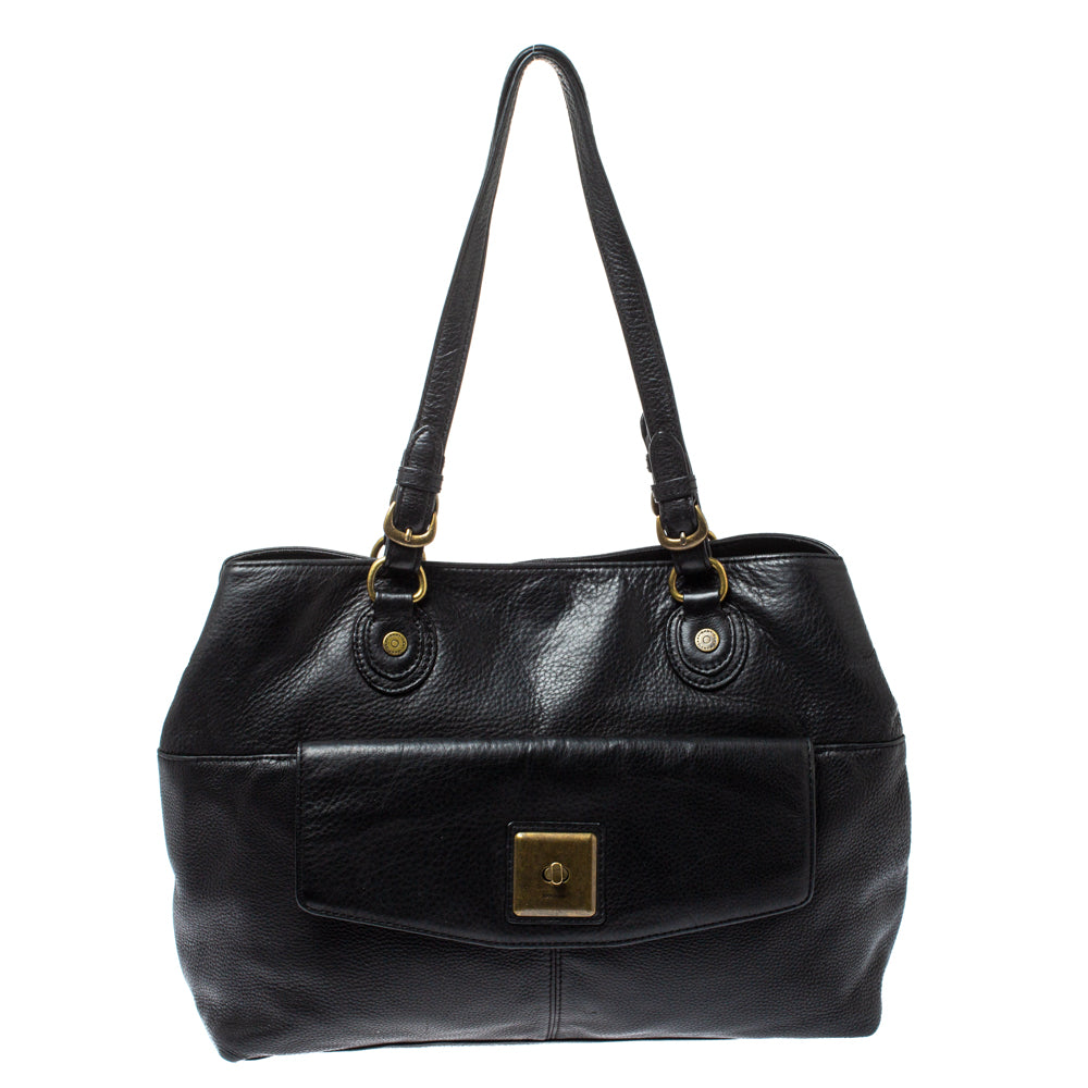 DKNY Black Leather Turnlock Pocket Tote